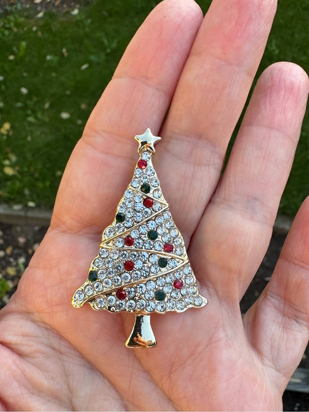 Vintage Gold Christmas Tree Brooch with Clear, Red & Green Rhinestones